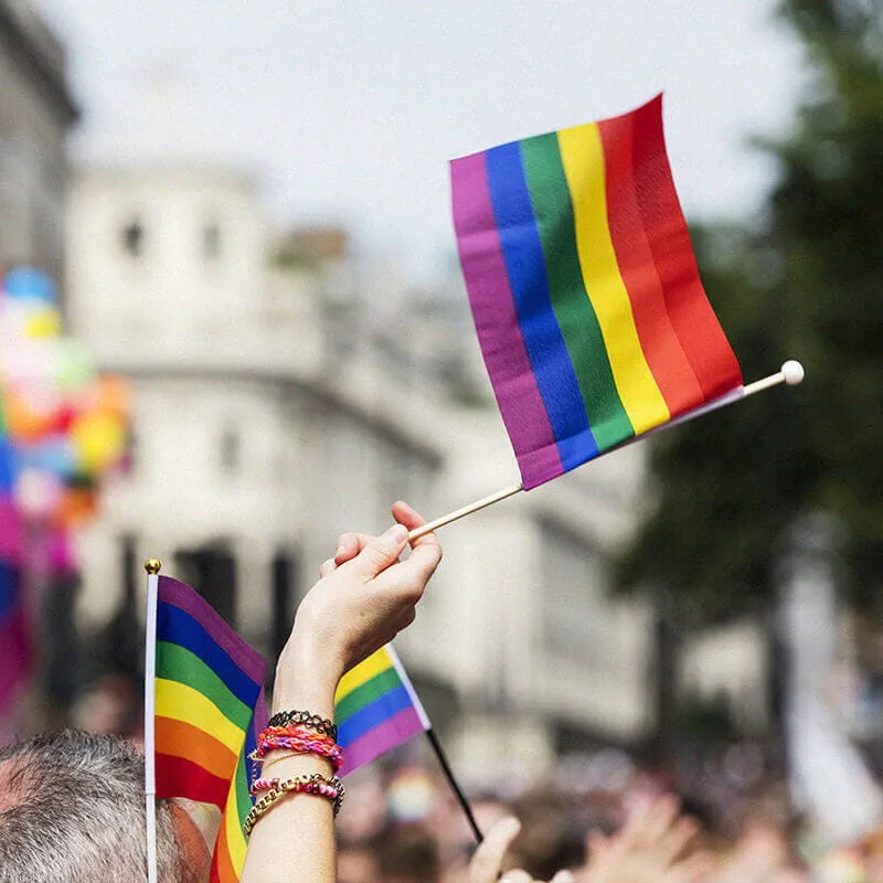 Pessoa acenando com uma bandeira de arco-ris